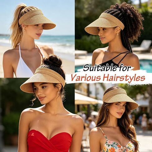 3 Pack Women Straw Sun Visor Hats, Wide Brim UV UPF 50+ Protection Beach Visor, Packable Adjustable Summer Hats for Traveling in Saudi Arabia