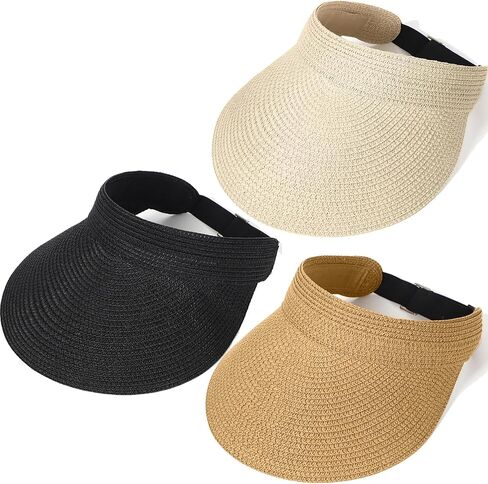 3 Pack Women Straw Sun Visor Hats, Wide Brim UV UPF 50+ Protection Beach Visor, Packable Adjustable Summer Hats for Traveling in Saudi Arabia