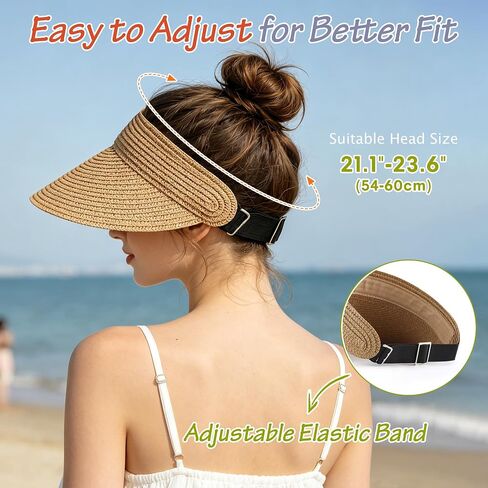 3 Pack Women Straw Sun Visor Hats, Wide Brim UV UPF 50+ Protection Beach Visor, Packable Adjustable Summer Hats for Traveling in Saudi Arabia