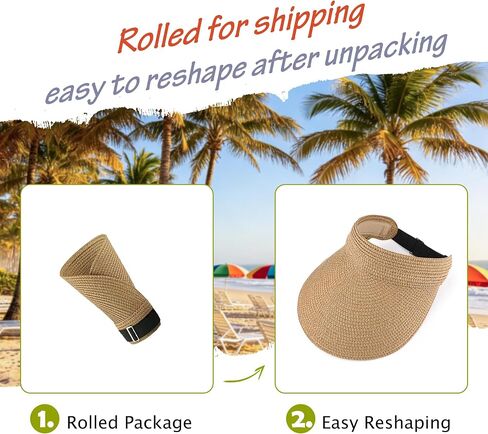 3 Pack Women Straw Sun Visor Hats, Wide Brim UV UPF 50+ Protection Beach Visor, Packable Adjustable Summer Hats for Traveling in Saudi Arabia