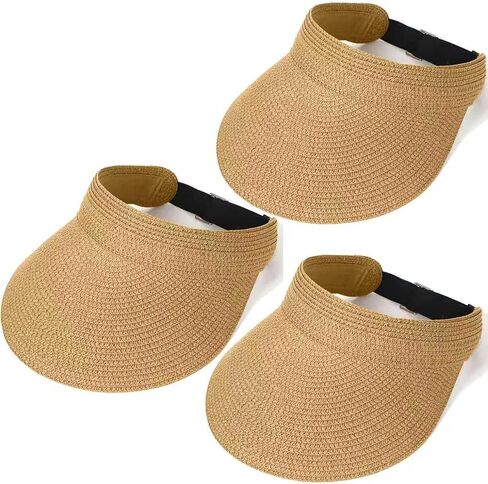 3 Pack Women Straw Sun Visor Hats, Wide Brim UV UPF 50+ Protection Beach Visor, Packable Adjustable Summer Hats for Traveling in Saudi Arabia