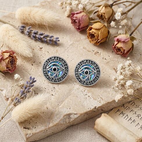 Viking Stud Earrings 18k White Gold Plate Abalone Compass/Tree of Life/Eye of Horus Earrings Viking Runes Jewelry For Women Men Unisex in Saudi Arabia