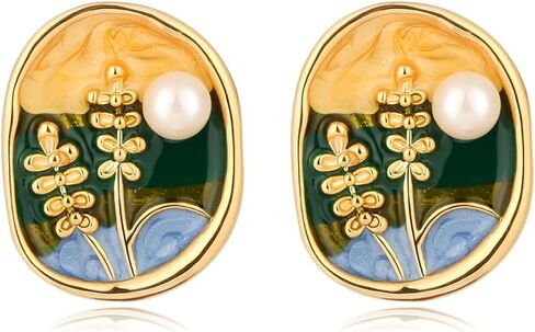 Monet's Garden Enamel Floral Stud Earrings Vintage Color Creative Oil Painting Wheat Earrings Van Gogh Oil Painting Style Women's Earrings Colorful Green Plant Round Handmade Trendy Studs Jewelry in Saudi Arabia