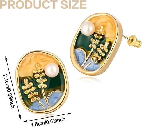Monet's Garden Enamel Floral Stud Earrings Vintage Color Creative Oil Painting Wheat Earrings Van Gogh Oil Painting Style Women's Earrings Colorful Green Plant Round Handmade Trendy Studs Jewelry in Saudi Arabia