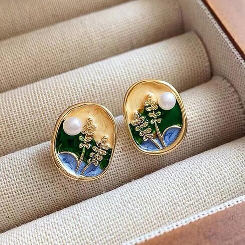 Monet's Garden Enamel Floral Stud Earrings Vintage Color Creative Oil Painting Wheat Earrings Van Gogh Oil Painting Style Women's Earrings Colorful Green Plant Round Handmade Trendy Studs Jewelry in Saudi Arabia