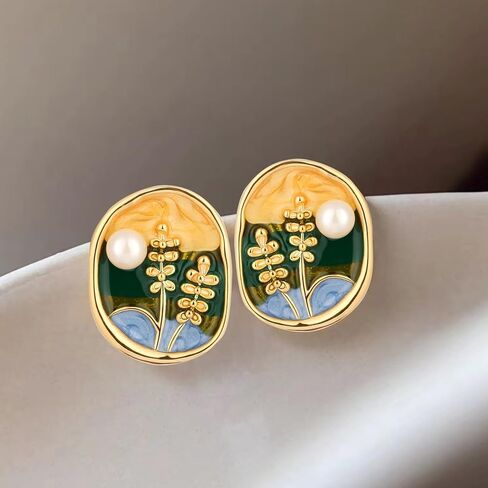 Monet's Garden Enamel Floral Stud Earrings Vintage Color Creative Oil Painting Wheat Earrings Van Gogh Oil Painting Style Women's Earrings Colorful Green Plant Round Handmade Trendy Studs Jewelry in Saudi Arabia