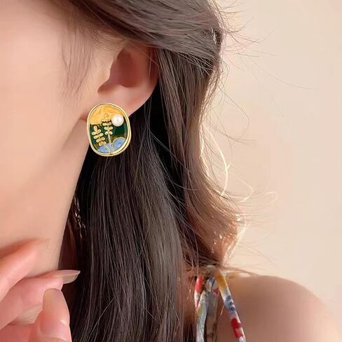 Monet's Garden Enamel Floral Stud Earrings Vintage Color Creative Oil Painting Wheat Earrings Van Gogh Oil Painting Style Women's Earrings Colorful Green Plant Round Handmade Trendy Studs Jewelry in Saudi Arabia