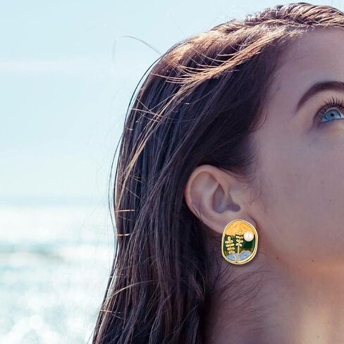 Monet's Garden Enamel Floral Stud Earrings Vintage Color Creative Oil Painting Wheat Earrings Van Gogh Oil Painting Style Women's Earrings Colorful Green Plant Round Handmade Trendy Studs Jewelry in Saudi Arabia