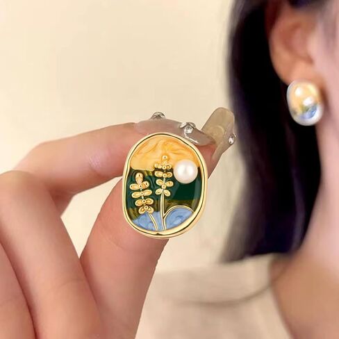 Monet's Garden Enamel Floral Stud Earrings Vintage Color Creative Oil Painting Wheat Earrings Van Gogh Oil Painting Style Women's Earrings Colorful Green Plant Round Handmade Trendy Studs Jewelry in Saudi Arabia