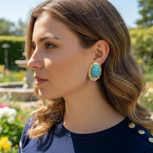 ORIGENCE Large Turquoise Earrings for Women 14K Gold Plated Turquoise Stud Earrings Bohemian Western Jewelry Chunky Gold Vintage Gemstone Earring Trendy Oval Retro Jewelry Gift in Saudi Arabia