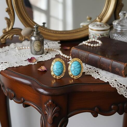 ORIGENCE Large Turquoise Earrings for Women 14K Gold Plated Turquoise Stud Earrings Bohemian Western Jewelry Chunky Gold Vintage Gemstone Earring Trendy Oval Retro Jewelry Gift in Saudi Arabia