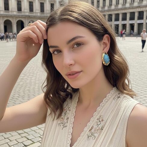 ORIGENCE Large Turquoise Earrings for Women 14K Gold Plated Turquoise Stud Earrings Bohemian Western Jewelry Chunky Gold Vintage Gemstone Earring Trendy Oval Retro Jewelry Gift in Saudi Arabia