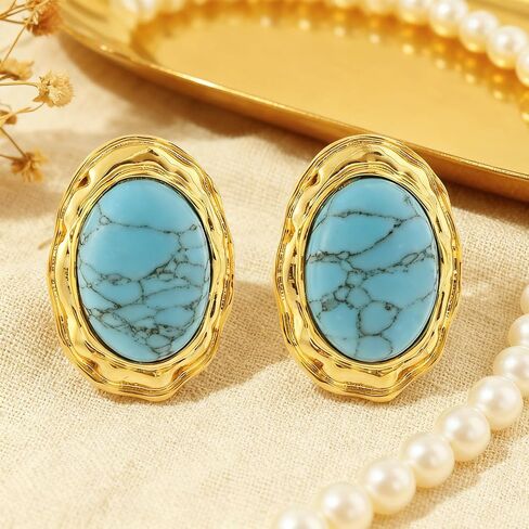 ORIGENCE Large Turquoise Earrings for Women 14K Gold Plated Turquoise Stud Earrings Bohemian Western Jewelry Chunky Gold Vintage Gemstone Earring Trendy Oval Retro Jewelry Gift in Saudi Arabia