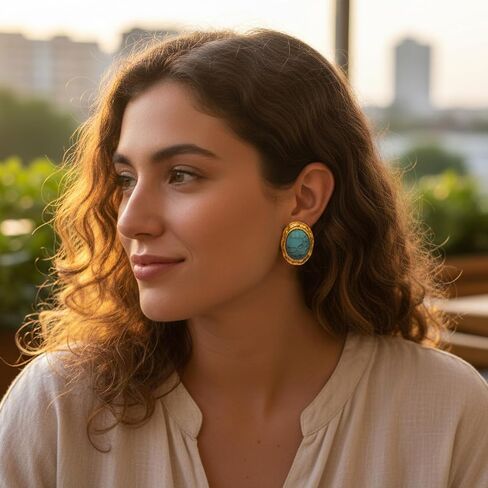 ORIGENCE Large Turquoise Earrings for Women 14K Gold Plated Turquoise Stud Earrings Bohemian Western Jewelry Chunky Gold Vintage Gemstone Earring Trendy Oval Retro Jewelry Gift in Saudi Arabia