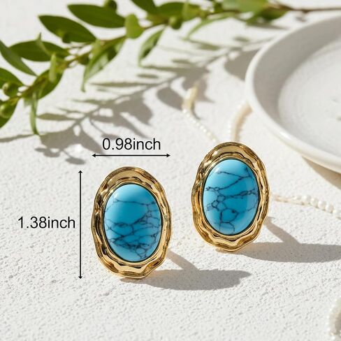 ORIGENCE Large Turquoise Earrings for Women 14K Gold Plated Turquoise Stud Earrings Bohemian Western Jewelry Chunky Gold Vintage Gemstone Earring Trendy Oval Retro Jewelry Gift in Saudi Arabia