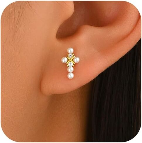 LOVECOM 925 Sterling Silver Cross Pearl Earrings for Women Dainty 14K Gold Plated Tiny Infinity Knot Stud Earring Small Christian Baptism Religious Cartilage Earring Wedding Jewelry Gifts in Kuwait