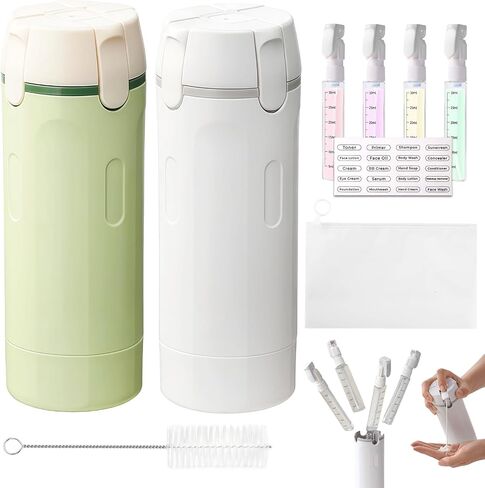 4 in 1 Travel Dispenser, 4 Pack 30ML Leak Proof Travel Size Bottles with Stickers, Brush & Storage Bag, Refillable TSA Approved Travel Toiletry Container Set for Shampoo, Lotion (White+Green) in Saudi Arabia