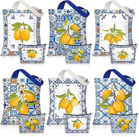 12 Pcs Italian Lemon Bags Capri Lemon Canvas Handbag and Makeup Bag Mediterranean Amalfi Coast Gift for Women Summer Beach Travel Wedding Birthday Party Favor in Saudi Arabia