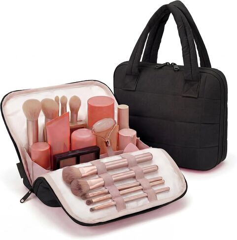 Wandering Nature Standing Makeup Bag for Travel, Portable Fold-down Cosmetic Organizer, Puffer Open Make Up Pouch with Handle & Divider & Brush Holder, Easy Clean Toiletry Bag with EVA Lining in Saudi Arabia