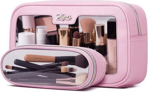 BOYATU Cute Travel Makeup Bag Set: Clear Cosmetic Bag Waterproof Toiletry Bags for Women - Large Skincare Pouch With Small Make up Brush Case for Girl (01-Pink) in Saudi Arabia