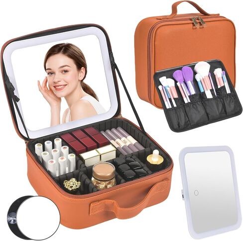 Travel Makeup Bag, Portable Makeup Case with LED Mirror, Removable Mirror with 3 Color Modes, 8 Adjustable EVA Dividers for Brushes Toiletry Jewelry Digital Accessories, Off White in Saudi Arabia