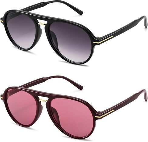 Hycredi Retro Aviator Sunglasses for Women Men, Trendy Double Bridge Sun Glasses,70s 80s Classic Shades in Saudi Arabia