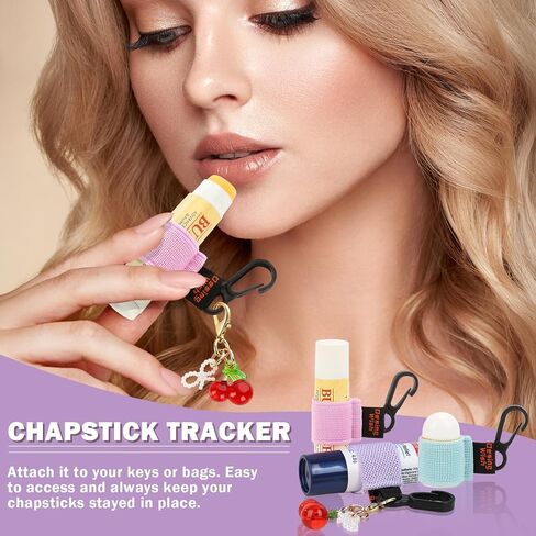3 PCS Mini Chapstick Holder Keychain Elastic Sleeve Chapstick Keychain Holder for Lip Balms/Lip Gloss/Lipsticks, Portable Lip Balm Holder Sleeves for Keys/Purse (Purple/Pink/Lake Blue) in Kuwait