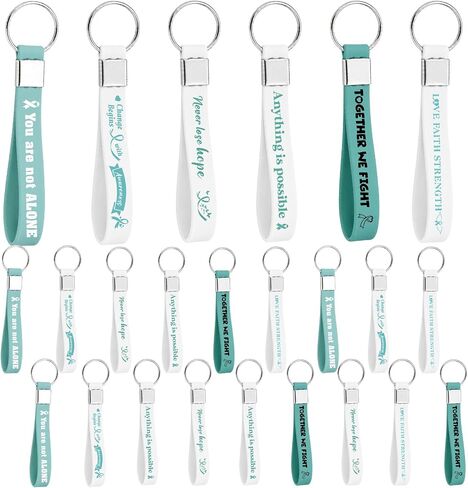 Ovarian Cancer Awareness Products 24 PCS Teal Ribbon Silicone Keychains Bulk for Ovarian Cervical Cancer Sexual Assault PTSD Pots Awareness Survivor Gifts for Charity Public Fundraising in Saudi Arabia