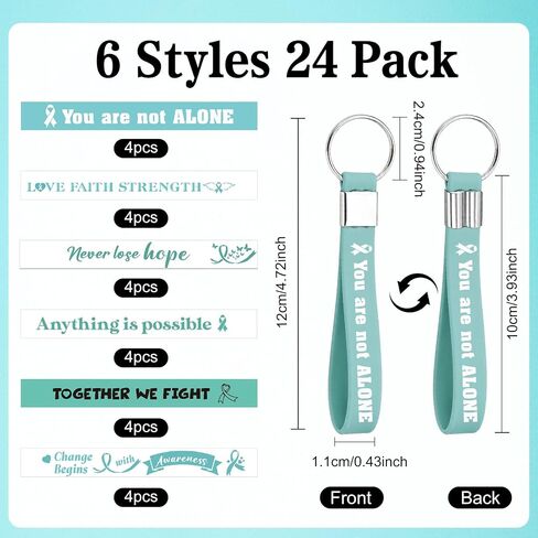 Ovarian Cancer Awareness Products 24 PCS Teal Ribbon Silicone Keychains Bulk for Ovarian Cervical Cancer Sexual Assault PTSD Pots Awareness Survivor Gifts for Charity Public Fundraising in Saudi Arabia