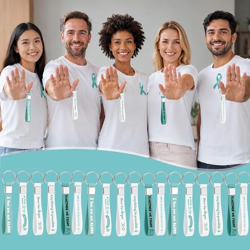 Ovarian Cancer Awareness Products 24 PCS Teal Ribbon Silicone Keychains Bulk for Ovarian Cervical Cancer Sexual Assault PTSD Pots Awareness Survivor Gifts for Charity Public Fundraising in Saudi Arabia