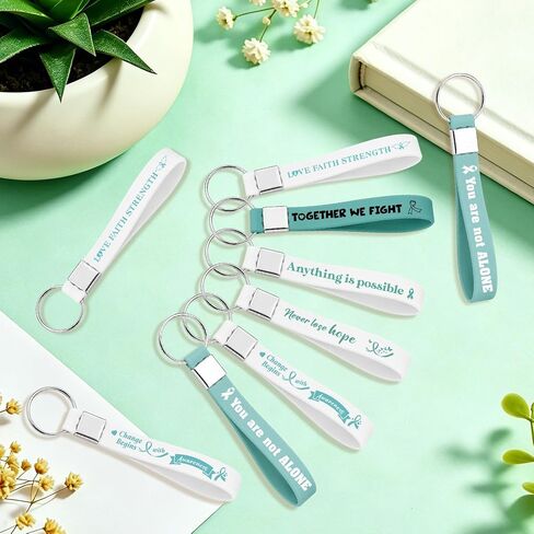Ovarian Cancer Awareness Products 24 PCS Teal Ribbon Silicone Keychains Bulk for Ovarian Cervical Cancer Sexual Assault PTSD Pots Awareness Survivor Gifts for Charity Public Fundraising in Saudi Arabia