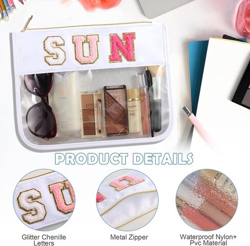 Sun Makeup Bag Summer Sunscreen Clear PVC Cosmetic Letter Pouch bag Beach Pool Swimming Travel Toiletry Pouch Preppy Makeup Bag Storage Organizer Purse for Women Girls Gifts in Saudi Arabia
