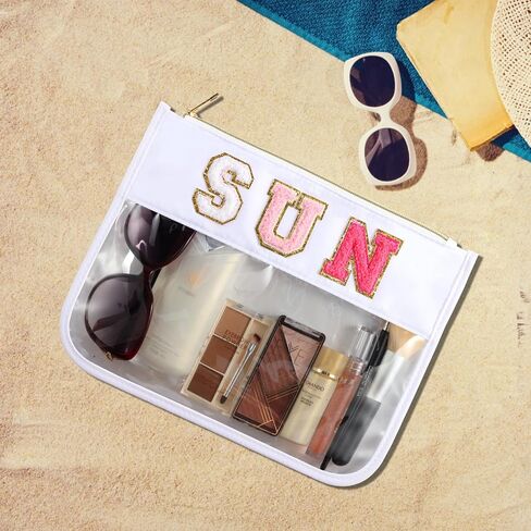Sun Makeup Bag Summer Sunscreen Clear PVC Cosmetic Letter Pouch bag Beach Pool Swimming Travel Toiletry Pouch Preppy Makeup Bag Storage Organizer Purse for Women Girls Gifts in Saudi Arabia