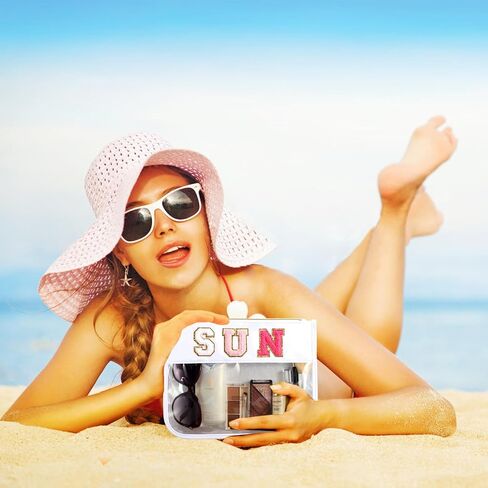Sun Makeup Bag Summer Sunscreen Clear PVC Cosmetic Letter Pouch bag Beach Pool Swimming Travel Toiletry Pouch Preppy Makeup Bag Storage Organizer Purse for Women Girls Gifts in Saudi Arabia