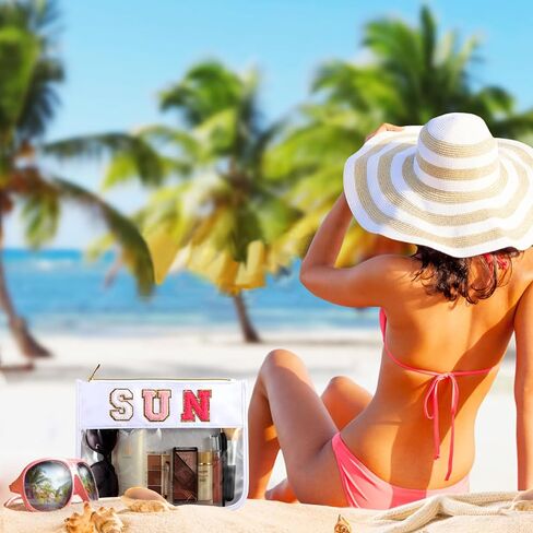 Sun Makeup Bag Summer Sunscreen Clear PVC Cosmetic Letter Pouch bag Beach Pool Swimming Travel Toiletry Pouch Preppy Makeup Bag Storage Organizer Purse for Women Girls Gifts in Saudi Arabia
