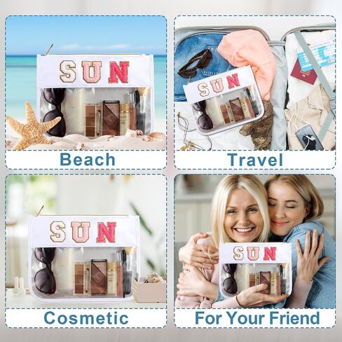 Sun Makeup Bag Summer Sunscreen Clear PVC Cosmetic Letter Pouch bag Beach Pool Swimming Travel Toiletry Pouch Preppy Makeup Bag Storage Organizer Purse for Women Girls Gifts in Saudi Arabia