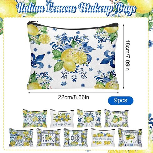 9Pcs Amalfi Coast Cosmetics Bags Italian Lemon Makeup Bags Italy Travel Souvenir Toiletry Bag Lemon Themed Gifts Accessories for Women Bridesmaids Bachelorette Wedding Bridal Shower in Saudi Arabia