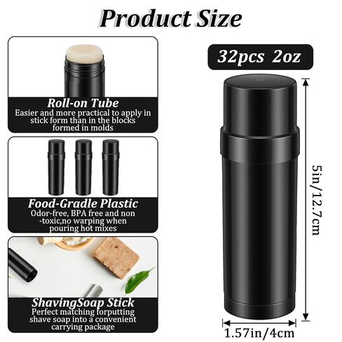32 Pcs Black Plastic Deodorant Containers,2 oz/60ml Empty Round Twist-Up Solid Stick Tube Container for Homemade Deodorant,Shaving Soap Stick,Heel Lip Balm,Solid Lotion Bars-Top Filling in Saudi Arabia