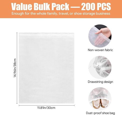 200Pcs Dust Proof Shoe Bags for Storage & Travel, Non-woven Fabrics Shoe Dust Bags with Drawstring, Breathable Shoes Covers for Purse Handbag Sneaker Loafer Sandal Storage Organizer, 11.81" x 14.96" in Saudi Arabia