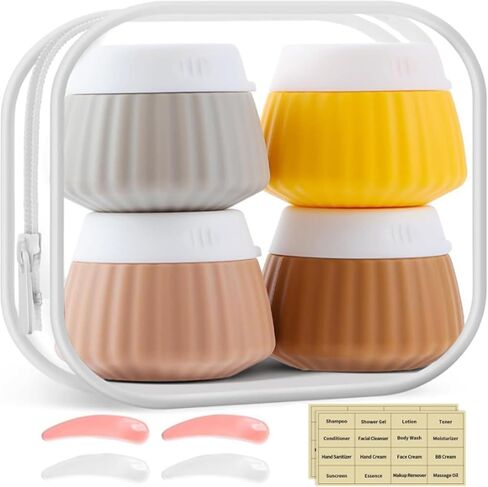 4 Pack Travel Size Silicone Cream Containers, Leak Proof Refillable Toiletry Bottles for Toiletries with 4 Scoops, Labels and Clear Bag, Suitable for Travel Shampoo and Conditioner Bottles (B) in Saudi Arabia