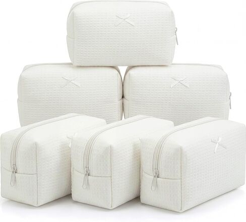Gilprop 6 Pcs Makeup Bag Gifts for Women Cute Aesthetic Cozy Portable Travel Waffle Toiletry Bag Soft Wedding Cosmetic Organizer Summer Large Zipper Pouch with Zipper for Bridesmaid Friend(White) in Kuwait