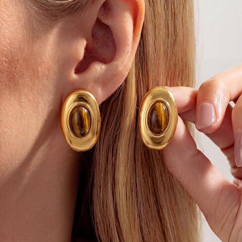 Gold Statement Stud Earrings for Women,Chunky Vintage Brown Tiger Eye Stone Earrings Hypoallergenic Lightweight Jewelry Gifts in Saudi Arabia