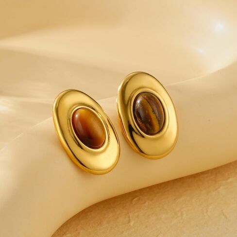 Gold Statement Stud Earrings for Women,Chunky Vintage Brown Tiger Eye Stone Earrings Hypoallergenic Lightweight Jewelry Gifts in Saudi Arabia
