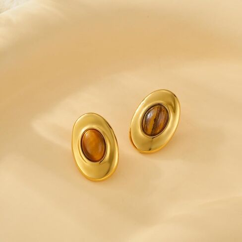 Gold Statement Stud Earrings for Women,Chunky Vintage Brown Tiger Eye Stone Earrings Hypoallergenic Lightweight Jewelry Gifts in Saudi Arabia