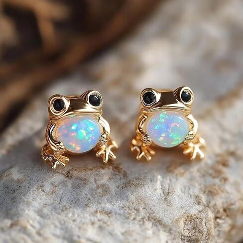 Frog Earrings for Women Fun White Fire Opal Animal Earrings Cute Gold Earring Nature Lovers Whimsical Jewelr Gifts in Saudi Arabia
