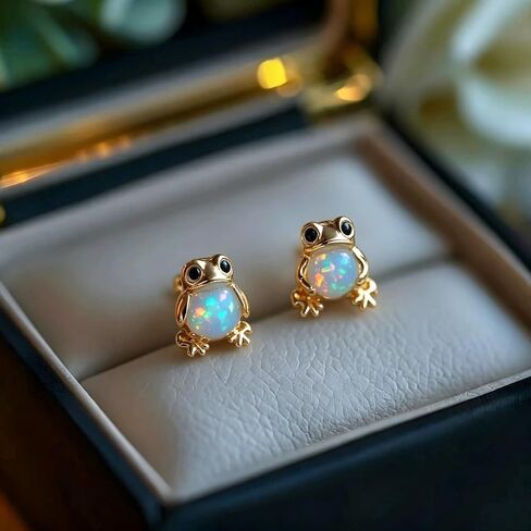 Frog Earrings for Women Fun White Fire Opal Animal Earrings Cute Gold Earring Nature Lovers Whimsical Jewelr Gifts in Saudi Arabia