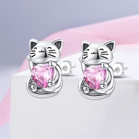 HONGRUI 925 Sterling Silver Cat Stud Earrings for Women with Pink Cubic Zirconia Heart in Saudi Arabia