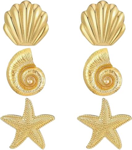 CoguZed 3-Pair 14K Gold Ocean-Themed Earrings – Starfish, Conch & Seashell Studs for Women (Hypoallergenic, Durable Design, Perfect for Summer Outfits) in Saudi Arabia