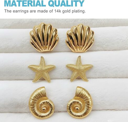 CoguZed 3-Pair 14K Gold Ocean-Themed Earrings – Starfish, Conch & Seashell Studs for Women (Hypoallergenic, Durable Design, Perfect for Summer Outfits) in Saudi Arabia