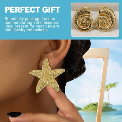 CoguZed 3-Pair 14K Gold Ocean-Themed Earrings – Starfish, Conch & Seashell Studs for Women (Hypoallergenic, Durable Design, Perfect for Summer Outfits) in Saudi Arabia